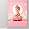 Abstract Painting of Little Buddha Figure on Pink Lotus with Clouds and Moon
