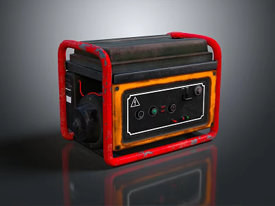 Portable Generator With Red Frame Black Body Control Panel And Warning Sign 3d model