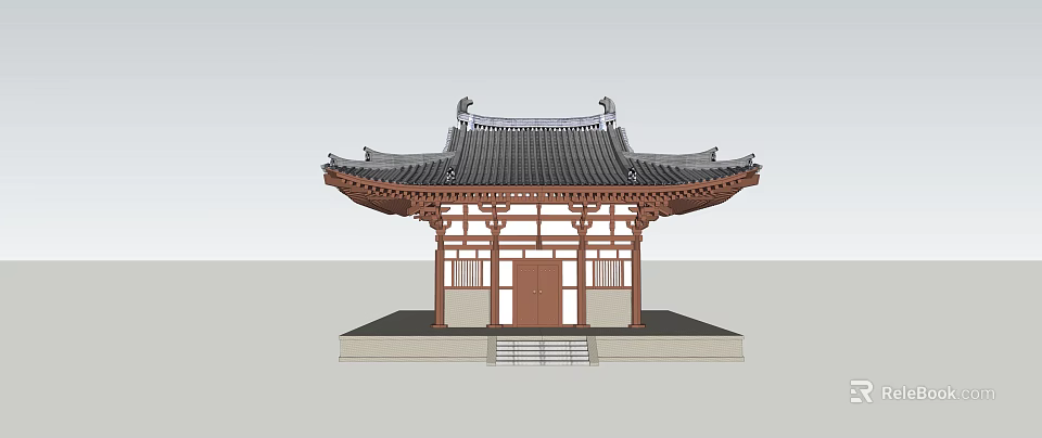 Ancient Chinese Architecture Structure With Traditional Roof Eaves Brackets And Wooden Door 3d model 