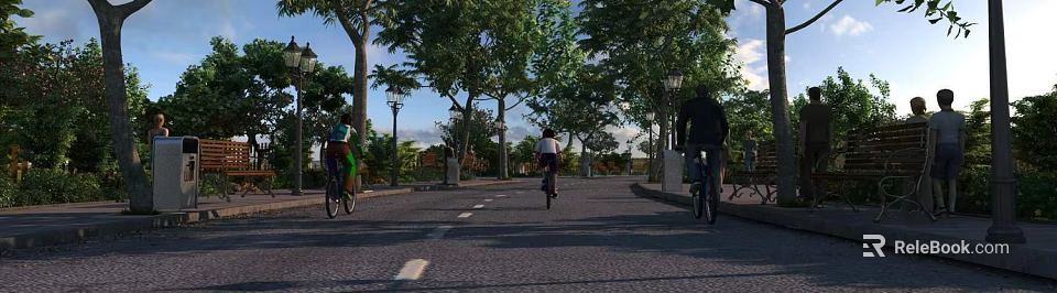 Scenic Road Facilities With Bicycle Lanes Street Lamps Trees And Lane Markings For Cyclists 3d model 