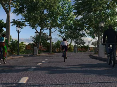 Scenic Road Facilities With Bicycle Lanes Street Lamps Trees And Lane Markings For Cyclists 3d model