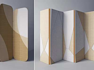 Modern Room Divider With Geometric Patterns And Wooden Fabric Panels 3d model