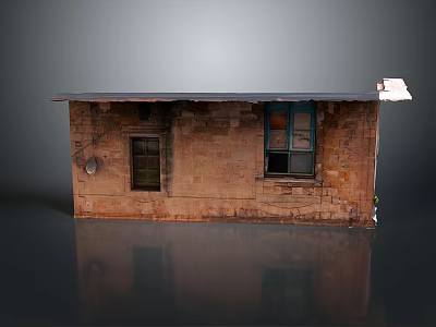 Weathered Brick Building With Small Door Wooden Window Sloped Roof And Satellite Dish On Wall 3d model
