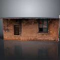 Weathered Brick Building With Small Door Wooden Window Sloped Roof And Satellite Dish On Wall