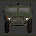 Green Military Off Road Vehicle With Worn Exterior Large Tires And Roof Equipment