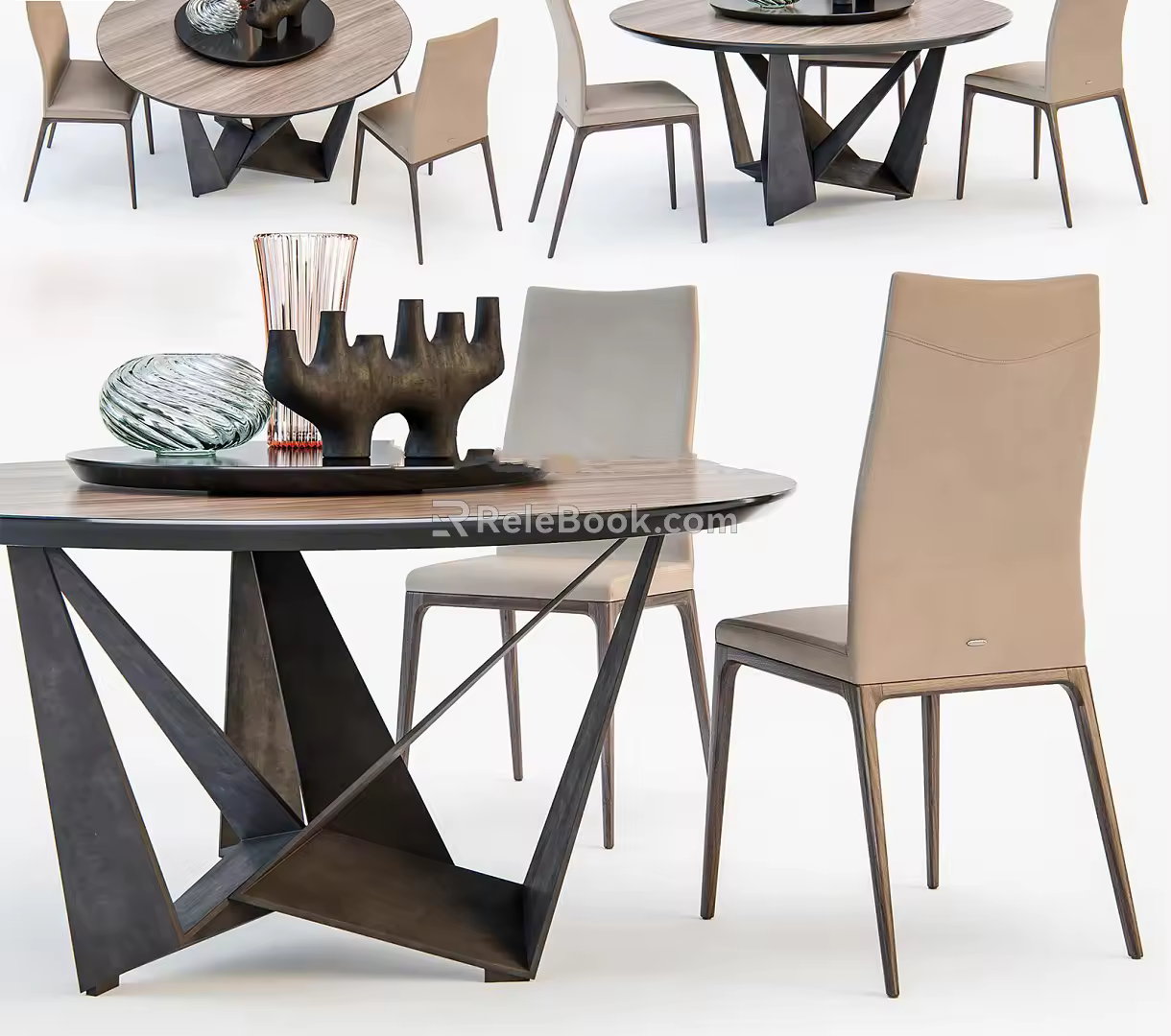 Modern Dining Table and Chair Combination Solid Wood Round Dining Table and Chair 3d model