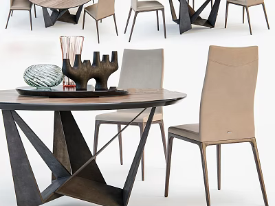 Modern Round Dining Table Set With Black Metal Frame Beige Chairs And Wooden Top 3d model