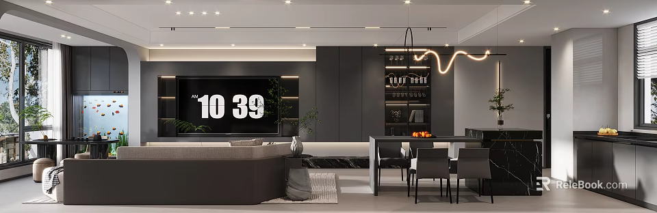 Modern Living and Dining Room Interior With Grey Sofa Dining Table And Pendant Light 3d model