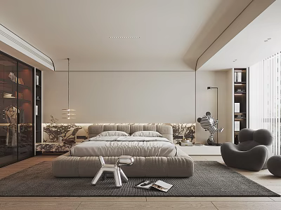 Modern Bedroom Interior Design With Large Bed Area Rug Accent Chair Floor Lamp And Bookshelf 3d model