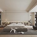Modern Bedroom Interior Design With Large Bed Area Rug Accent Chair Floor Lamp And Bookshelf