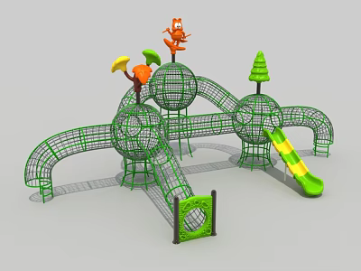 Green Netted Playground Structure With Spheres Slide Trees And Cartoon Figures 3d model