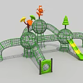 Green Netted Playground Structure With Spheres Slide Trees And Cartoon Figures