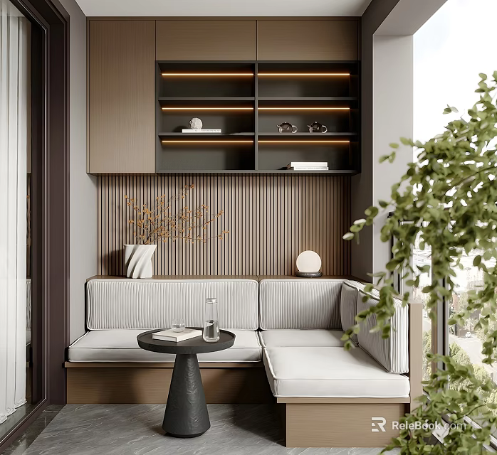 Cozy Home Balcony with L shaped Sofa Bench Small Round Table Bookshelf and Green Plant 3d model 