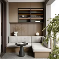 Cozy Home Balcony with L shaped Sofa Bench Small Round Table Bookshelf and Green Plant