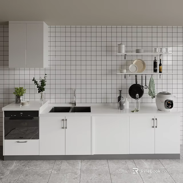 Modern Kitchen Interior With White Cabinets Tile Backsplash And Greenery 3d model
