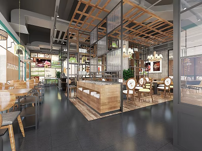 Modern Traditional Hotpot Restaurant Interior With Wooden Decor Pendant Lights And Dining Tables 3d model