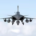 Modern Gray Fighter Jet Flying in Cloudy Sky with Landing Gear and Armaments