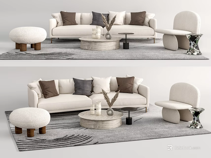 Modern Sofa Coffee Table Set With Stools Decorative Rug Vase And Candles 3d model