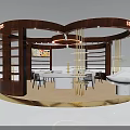 Modern Circular Exhibition Booth With Wooden Structure SIDORS Signage Central Table And Marble Elements