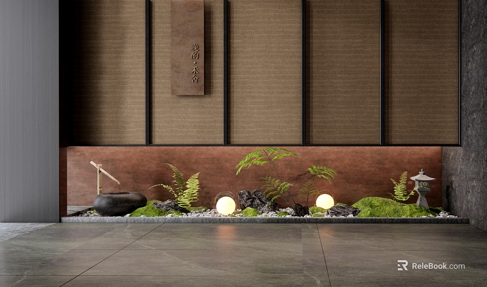 Garden Courtyard Featuring Japanese Style Stone Lantern Moss Ferns Stones Round Lights And Bamboo Decor 3d model 