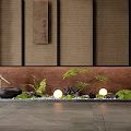 Garden Courtyard Featuring Japanese Style Stone Lantern Moss Ferns Stones Round Lights And Bamboo Decor