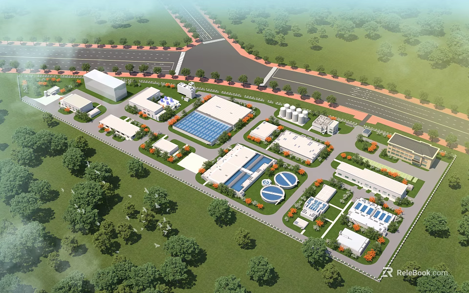 Aerial View Of Industrial Factory Complex With Multiple Buildings Greenery And Road Network 3d model 