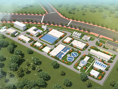Aerial View Of Industrial Factory Complex With Multiple Buildings Greenery And Road Network 3d model