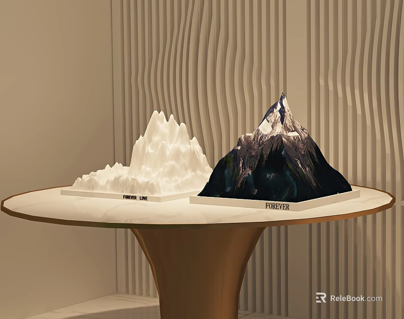 Two Piece Mountain Shaped Decorative Ornament Set on White Round Table with Striped Wall Background 3d model 