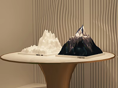 Two Piece Mountain Shaped Decorative Ornament Set on White Round Table with Striped Wall Background 3d model