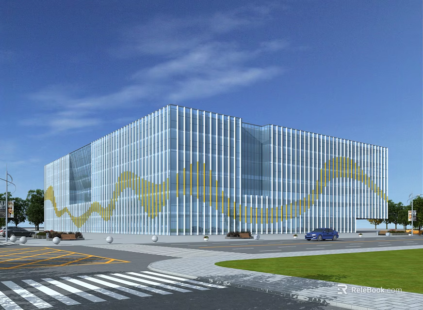 Modern Glass Curtain Office Building With Golden Wavy Patterns Green Lawn And Parked Car 3d model 
