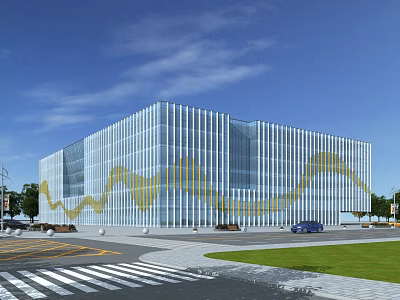 Modern Glass Curtain Office Building With Golden Wavy Patterns Green Lawn And Parked Car 3d model