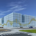 Modern Glass Curtain Office Building With Golden Wavy Patterns Green Lawn And Parked Car