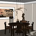 Traditional Restaurant Interior With Round Dining Table Hanging Pendant Lights And Chinese Painting