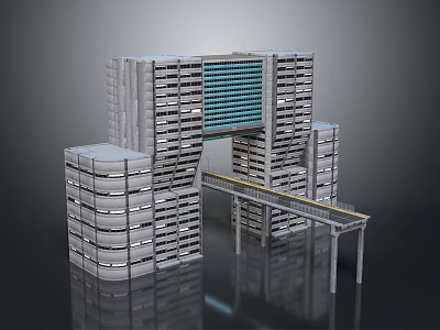 Modern Multi Story Architectural Complex With Glass Curtain Walls And Connecting Bridge Structure 3d model