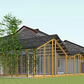 Modern Chinese Style Detached Villa With Gray Stone Walls Black Roof And Wooden Pergola