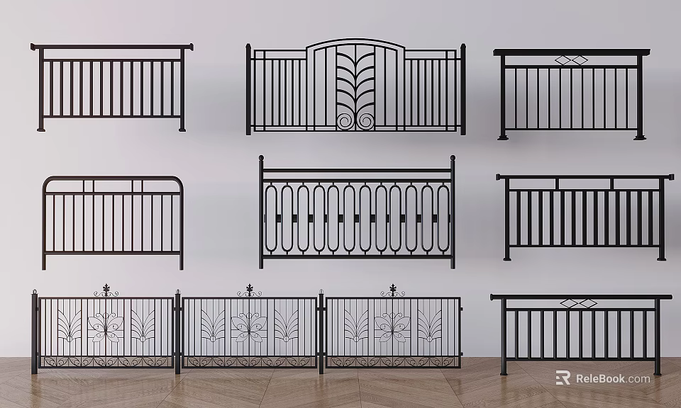 Black Wrought Iron Railings With Various Decorative Designs For Balcony And Staircase 3d model 