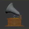 Vintage Gramophone with Metallic Horn and Rotating Turntable on Wooden Base