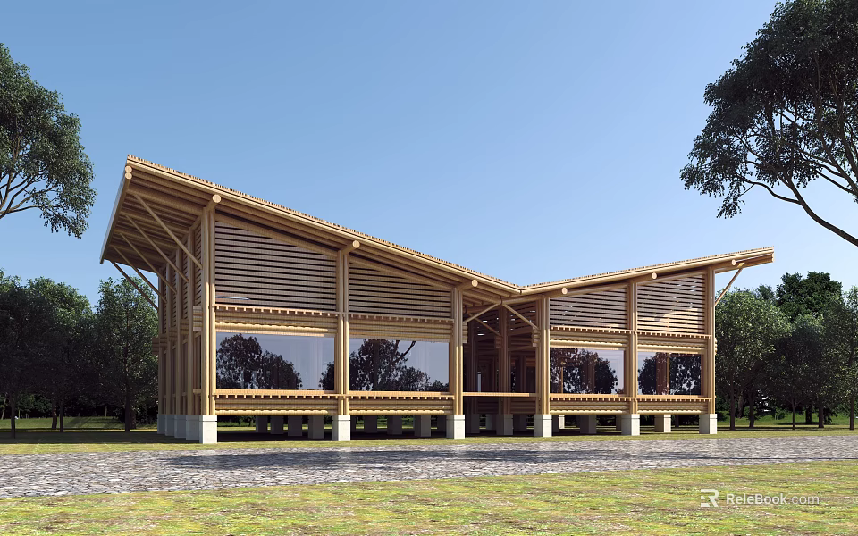 Wooden Pavilion with Sloped Roof Large Glass Windows in Natural Tree Surrounded Grassland 3d model 