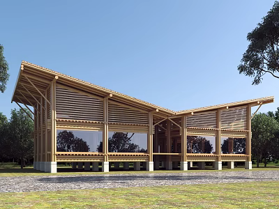 Wooden Pavilion with Sloped Roof Large Glass Windows in Natural Tree Surrounded Grassland 3d model