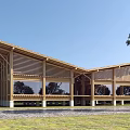 Wooden Pavilion with Sloped Roof Large Glass Windows in Natural Tree Surrounded Grassland