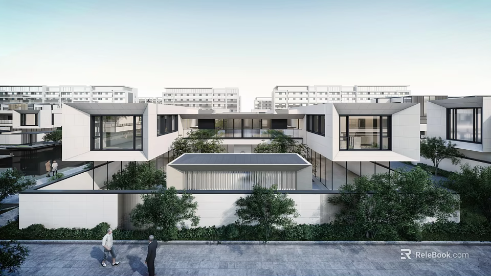 Modern Detached Villa With Private Courtyard And Lush Greenery Around Large Windows 3d model 