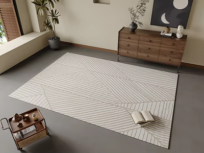 Light Square Carpet with Geometric Striped Pattern in Living Room with Wooden Cabinet and Decor 3d model