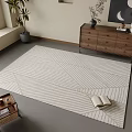 Light Square Carpet with Geometric Striped Pattern in Living Room with Wooden Cabinet and Decor