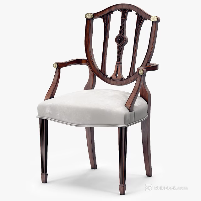 Elegant Wooden Dining Chair With Armrests Carved Details And Light Upholstered Seat 3d model 