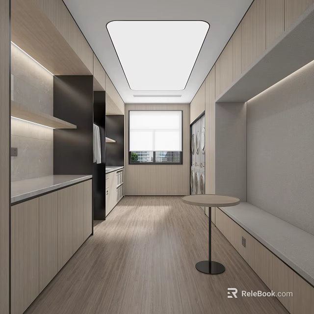 Modern Corridor Space With Wooden Cabinets White Countertops Recessed Lighting Window Round Table And Bench 3d model 