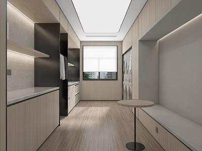 Modern Corridor Space With Wooden Cabinets White Countertops Recessed Lighting Window Round Table And Bench 3d model