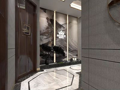 Modern Shop Front Desk Interior With Marble Wall Reception Desk Decorative Plants And Lighting 3d model