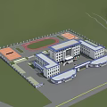 Modern School Campus Building Complex With Sports Field Track And Classroom Buildings