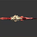 Ornate Red Fantasy Weapon With Golden Decorative Hilt And Sharp Blade Design