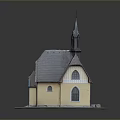 Traditional Church Building With Yellow Exterior Gray Roof Pointed Steeple And Arched Windows